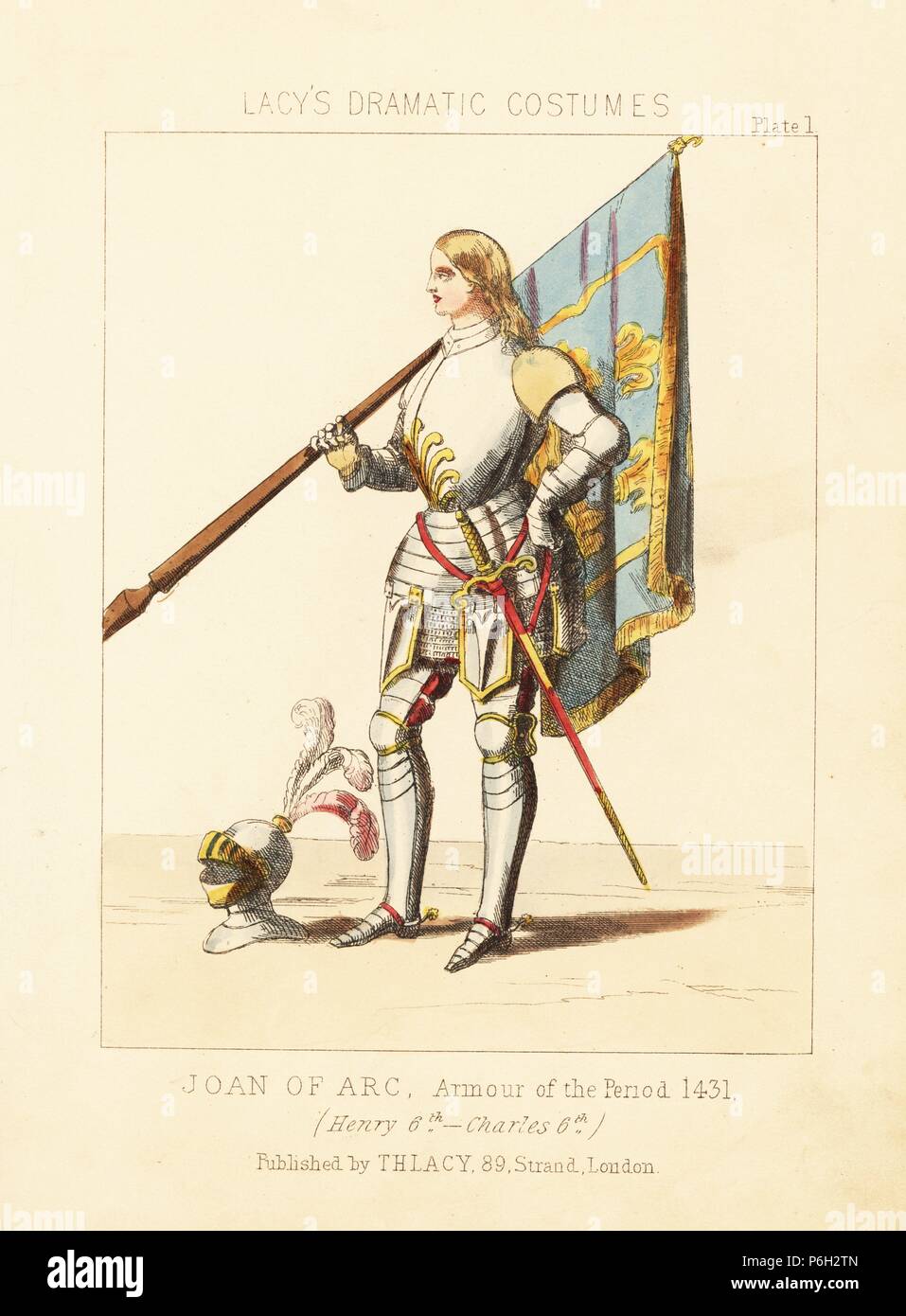 Costume de Jeanne d'Arc, armure de la période, avec casque et standard,  1431. Lithographie coloriée de Thomas Hailes Lacy's "Femelle Costumes  historiques, nationaux et dramatique en plaques 200, Londres, 1865. Lacy  (1809-1873)