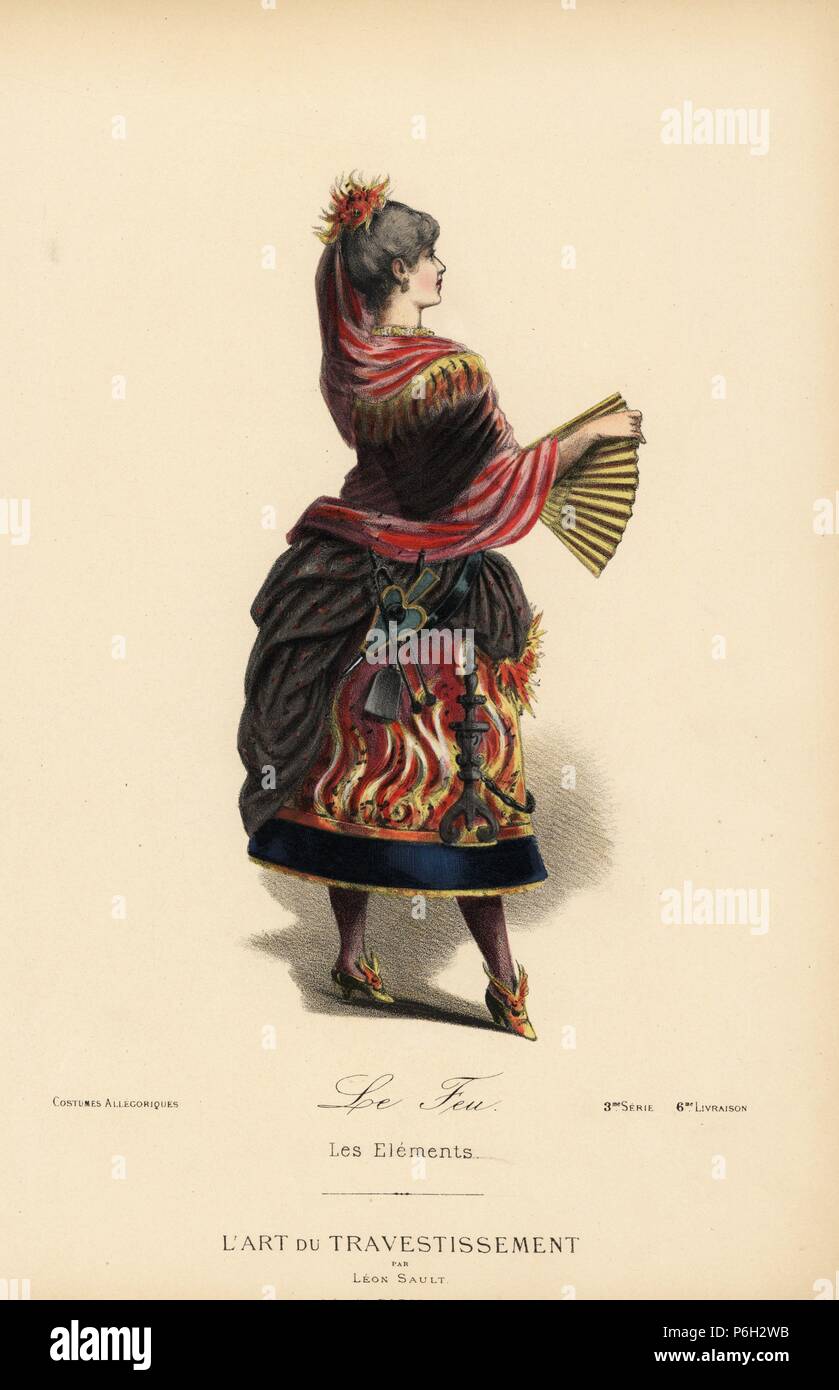 Costume allégorique que l'élément feu, avec jupe et châle décoré de flamme, soufflets, pinces et badigeonner sur sa ceinture. Lithographie coloriée après un dessin par Léon Sault de 'L'Art du travestissement" (l'Art de fantaisie), Paris, 1880. Sault a été un théâtre et opéra, concepteur et éditeur de magazine de mode de luxe. Banque D'Images