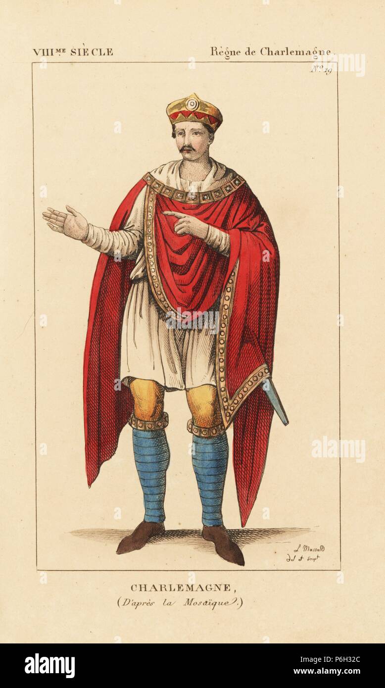 Charlemagne, roi de France, Empereur, 742-814 Caroligian. Il porte une  couronne impériale dans un style oriental, une courte tunique, une cape,  épée, chlamys des bas et des chaussures. Dessiné et gravé sur
