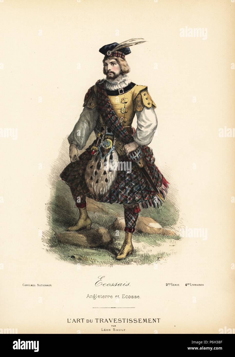 L'homme en kilt écossais et sporran, 19e siècle. Lithographie coloriée par A.E. après un dessin par Léon Sault de 'L'Art du travestissement" (l'Art de fantaisie), Paris, 1880. Sault a été un théâtre et opéra, concepteur et éditeur de magazine de mode de luxe. Banque D'Images