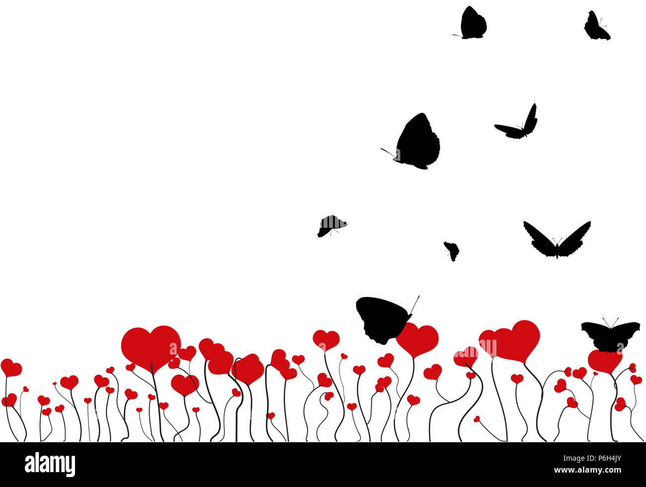 Champ fleuri avec des coeurs rouges et noires silhouettes de papillons volant isolé sur fond blanc. Saint Valentin carte postale floral fantaisie avec co Banque D'Images