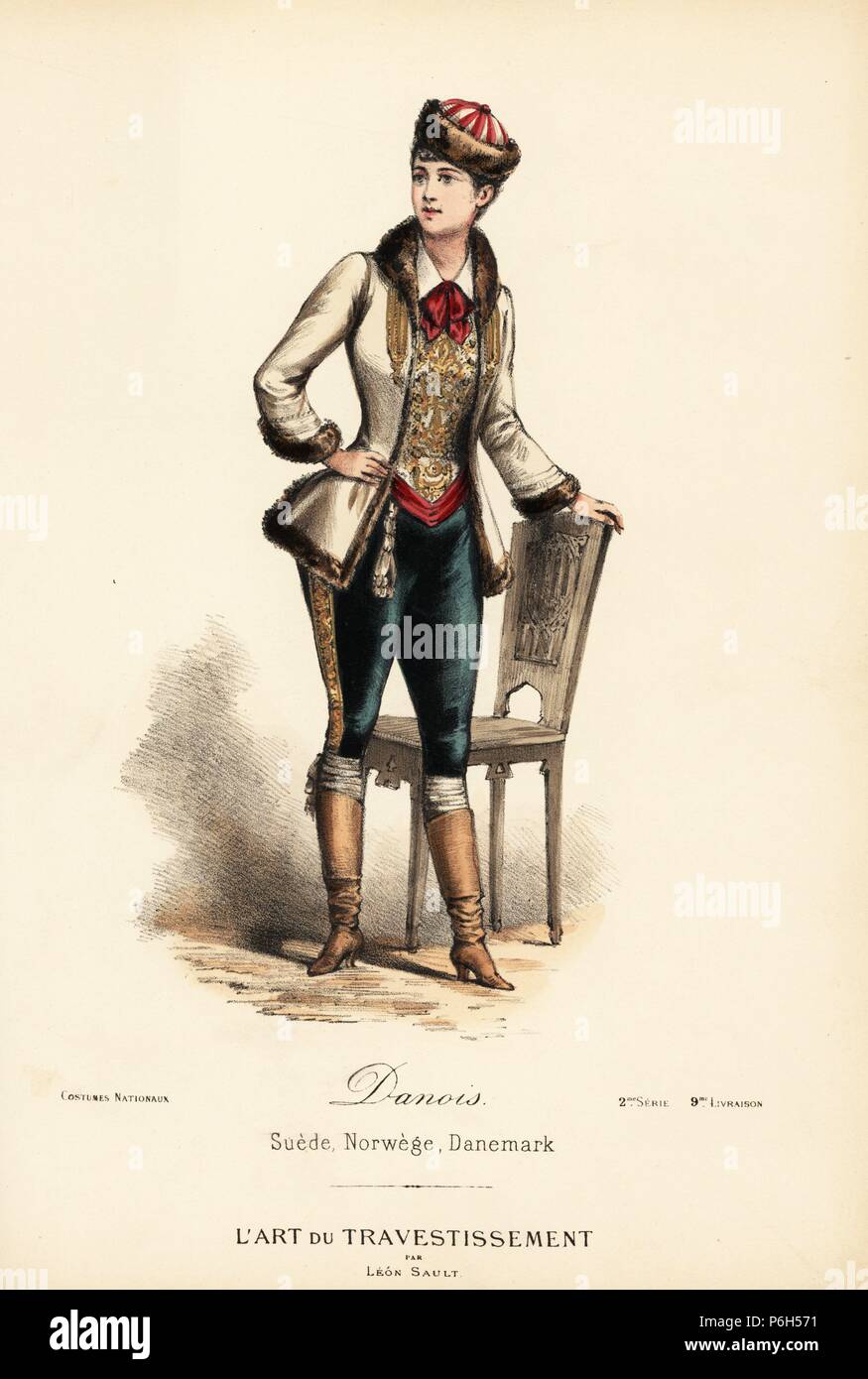 Femme en costume de l'homme danois, 19e siècle. Bonnet de fourrure, veste,  gilet brodé (gilet), culottes et bottes. Lithographie coloriée après un  dessin par Léon Sault de 'L'Art du travestissement" (l'Art de