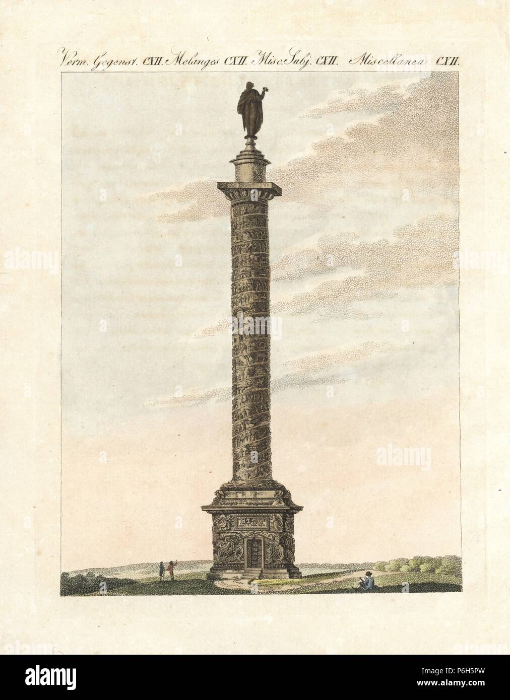 La colonne Trajane de Rome, 18e siècle. Pilier triomphe construit par l'architecte Apollodore, son bas-relief en spirale de Trajan montre des victoires sur les Daces. Coloriée à la gravure sur cuivre de Bertuch's 'Bilderbuch fur Kinder" (Livre d'images pour les enfants), Weimar, 1807. Johann Friedrich Bertuch (1747-1822) était un éditeur allemand et l'homme des arts le plus célèbre pour son encyclopédie 12 volumes pour les enfants illustrés de 1 200 plaques gravées sur l'histoire naturelle, de la science, le costume, la mythologie, etc., publiés à partir de 1790-1830. Banque D'Images