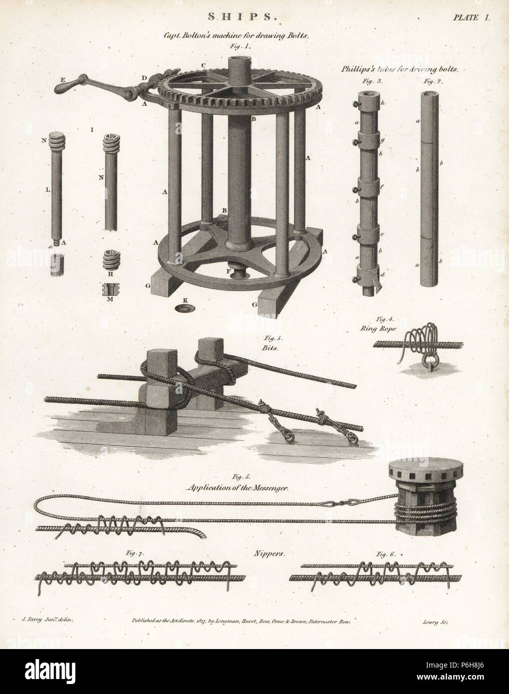 Ingénierie nautique : le capitaine William Bolton's machine pour dessiner les boulons, M. Phillips' tubes pour vis de conduite, bits, anneau métallique, application de la messenger et nippers, 18e siècle. La gravure sur cuivre par Wilson Lowry après une illustration par J. Farey Jr. d'Abraham Rees' 'Cyclopedia ou Universal Dictionary, Londres, 1816. Banque D'Images