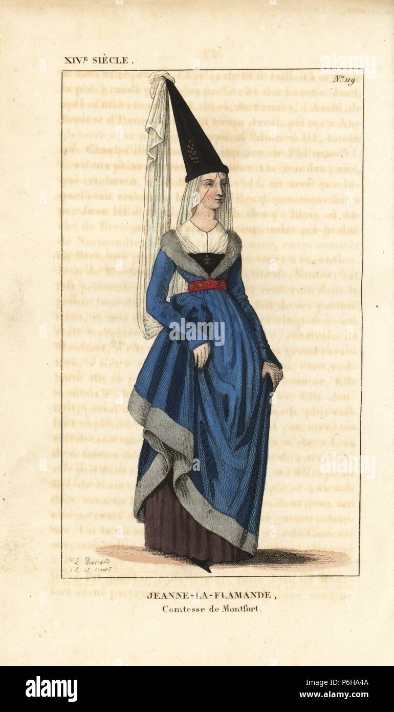 Jeanne la Flammande, Jeanne de Flandre, c.1295-1374. Elle porte un grand  chapeau conique (henin) à voile, chemisier blanc, une robe bleu bordé de  fourrure, robe brune, cracows ou poulaines. D'une miniature dans