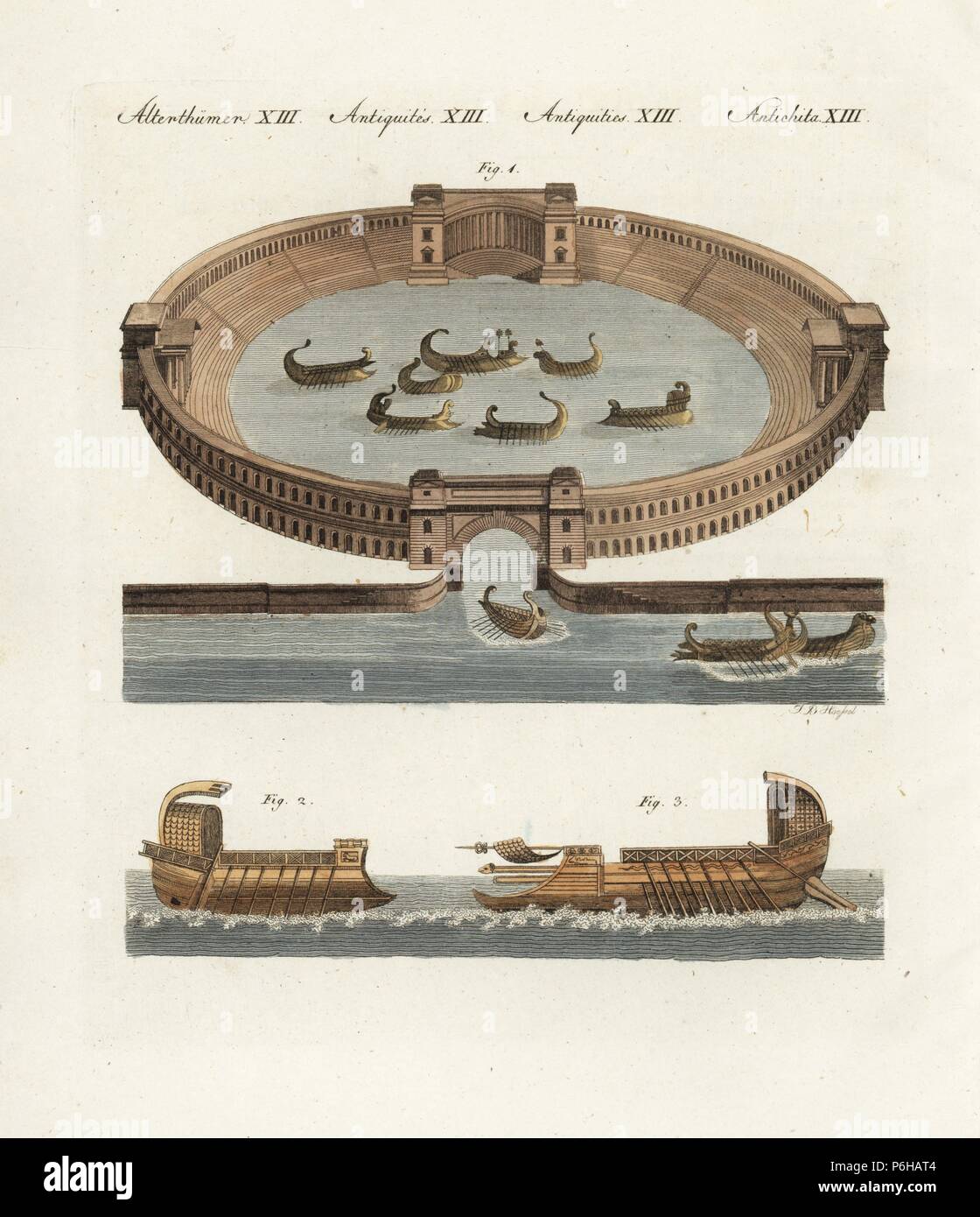 Naumachia romaine antique avec reconstitution d'une bataille célèbre entre les flottes de l'amphithéâtre de prisonniers condamnés 1. Cuisine avec une seule rangée de 2 rames, et bireme warship avec deux rangées de rames 3. La gravure sur cuivre coloriée par J.B. Hoessel de Johann Friedrich de Bertuch Bilderbuch fur Kinder (Livre d'images pour les enfants), Weimar, 1802. Banque D'Images