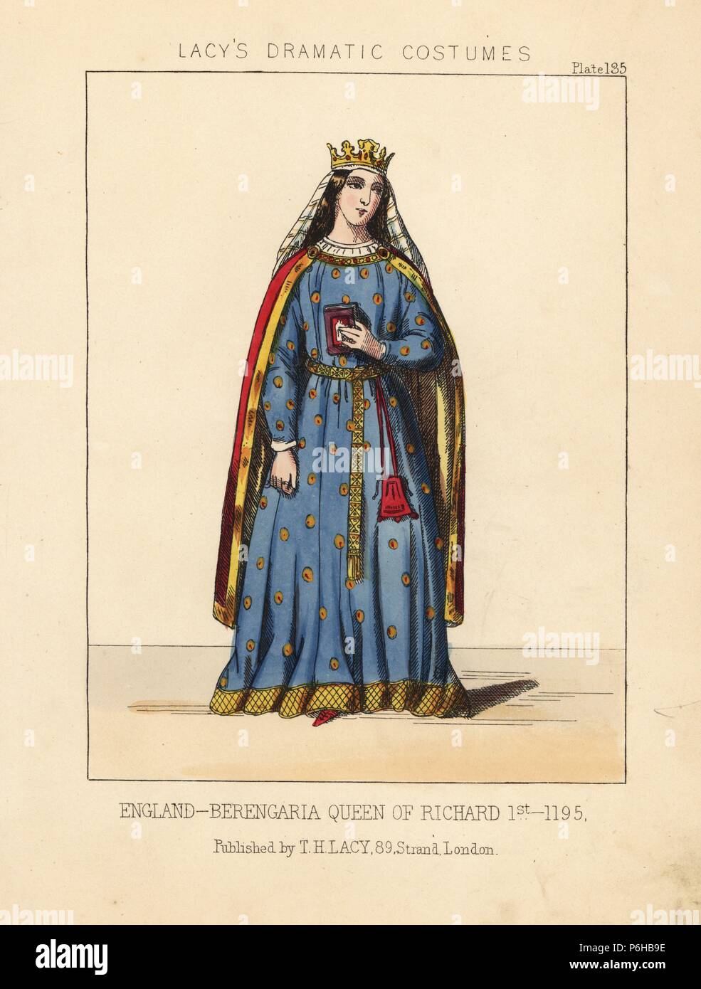 Bérengère, Imprimeur du roi Richard Ier d'Angleterre, 1195. Lithographie coloriée de Thomas Hailes Lacy's "Femelle Costumes historiques, nationaux et dramatique en plaques 200, Londres, 1865. Lacy (1809-1873) était un acteur britannique, dramaturge, directeur de théâtre et à l'éditeur. Banque D'Images