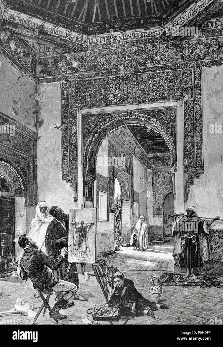 Ricardo Leon Bonnat (années 1851). La Ilustracion Artistica, 1884. Gravure por A. Closs. Reproduit une peinture de Madrazo. Un modèle arabe. Banque D'Images