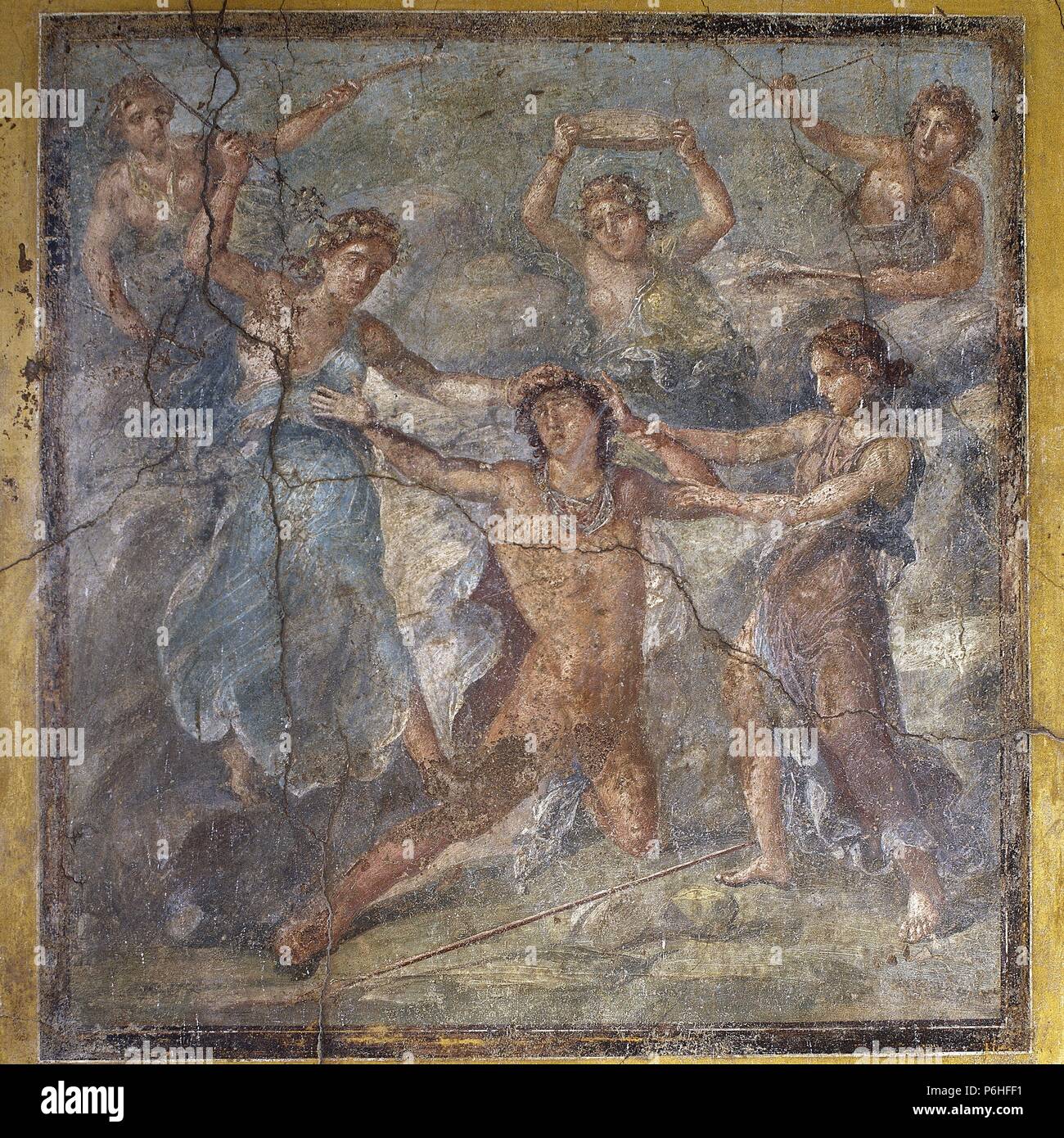Fresque romaine. Penthée étant déchirés par les ménades. Mur nord du triclinium dans la chambre des Vettii. Pompéi. L'Italie. Banque D'Images