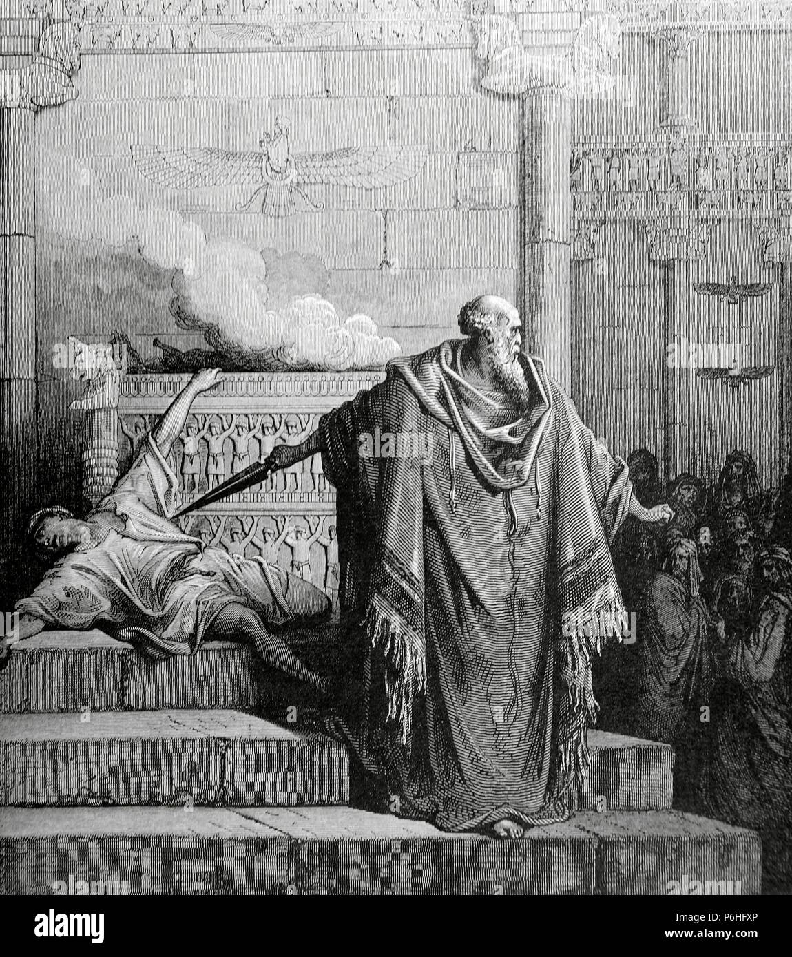 Ancien Testament. Mattathias tue le profane. Mattathias et l'apostat. Dessin de Gustave Dore, gravure par Pannemaker. Maccabées. Banque D'Images