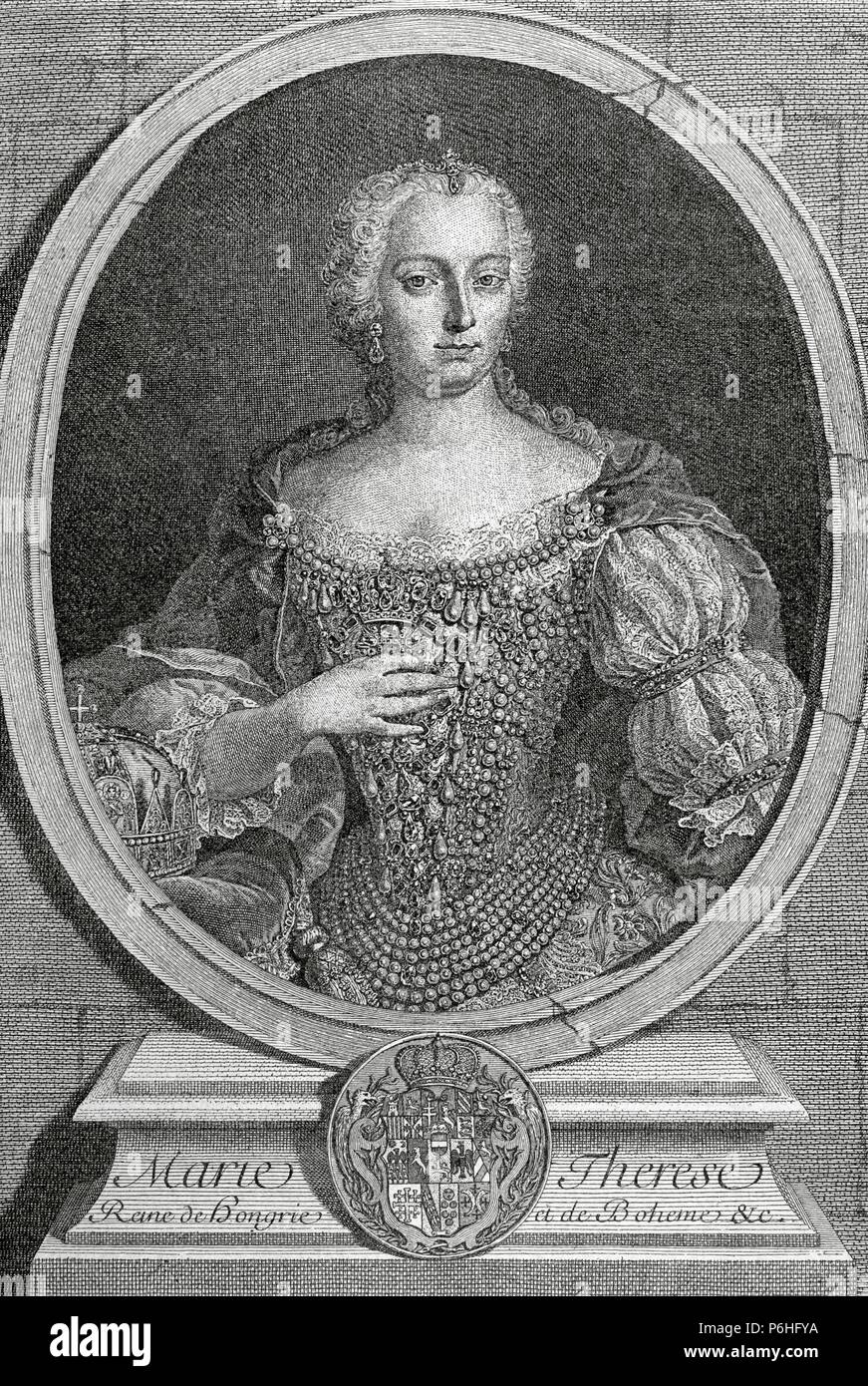 Marie-thérèse (1717-1780), Archiduchesse d'Ausria, Reine de Hongrie et de Bohème. Portrait. Gravure par de Petit, 1743. La Historia Universal, 1885. Banque D'Images