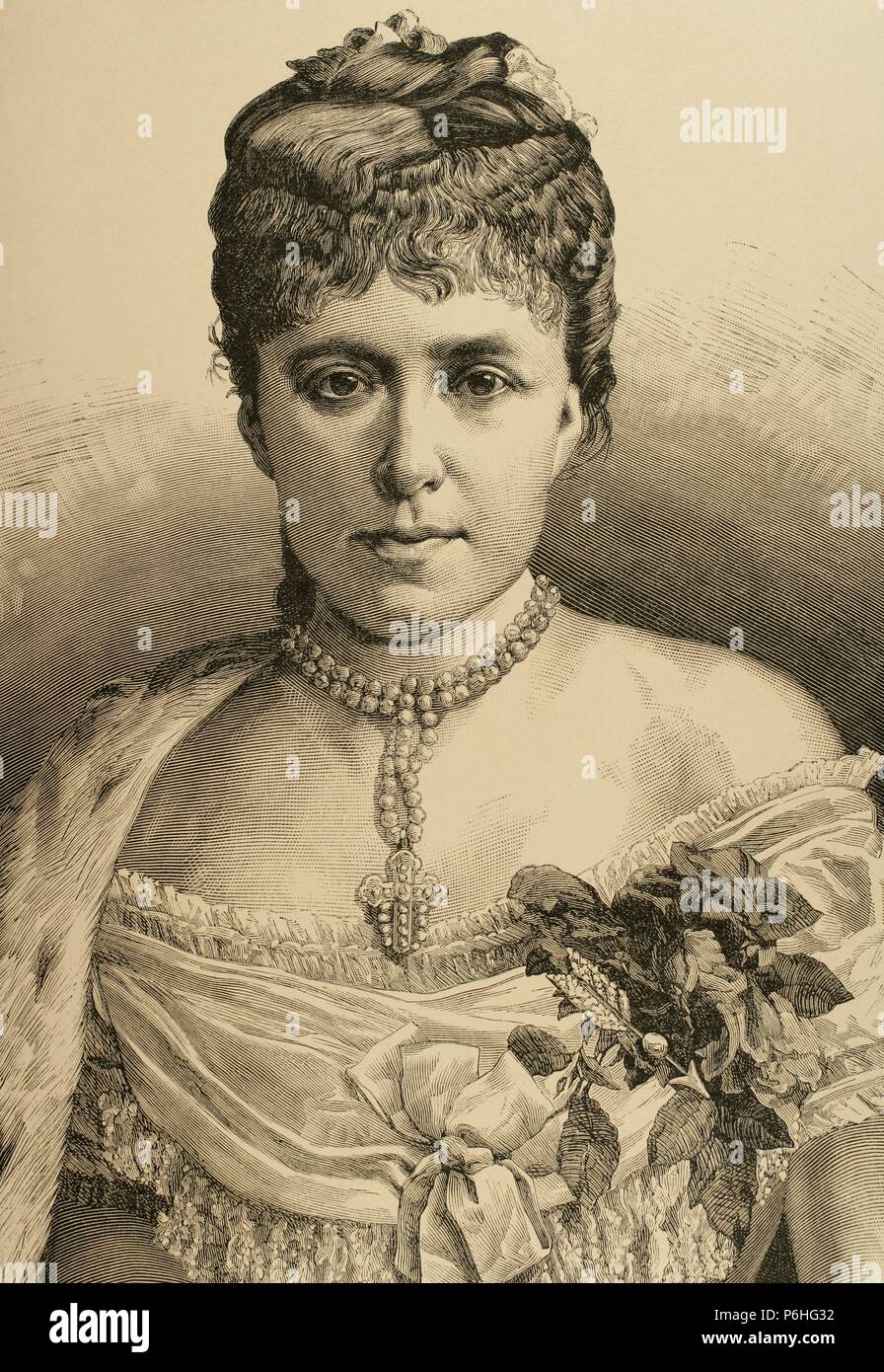 Maria Christina d'Autriche (1858-1929). La reine d'Espagne. Deuxième épouse du roi Alphonse XII. Régent pendant la minorité de leur fils, Alfons XIII. La gravure. Almanaque de la Ilustracion, 1881. Banque D'Images