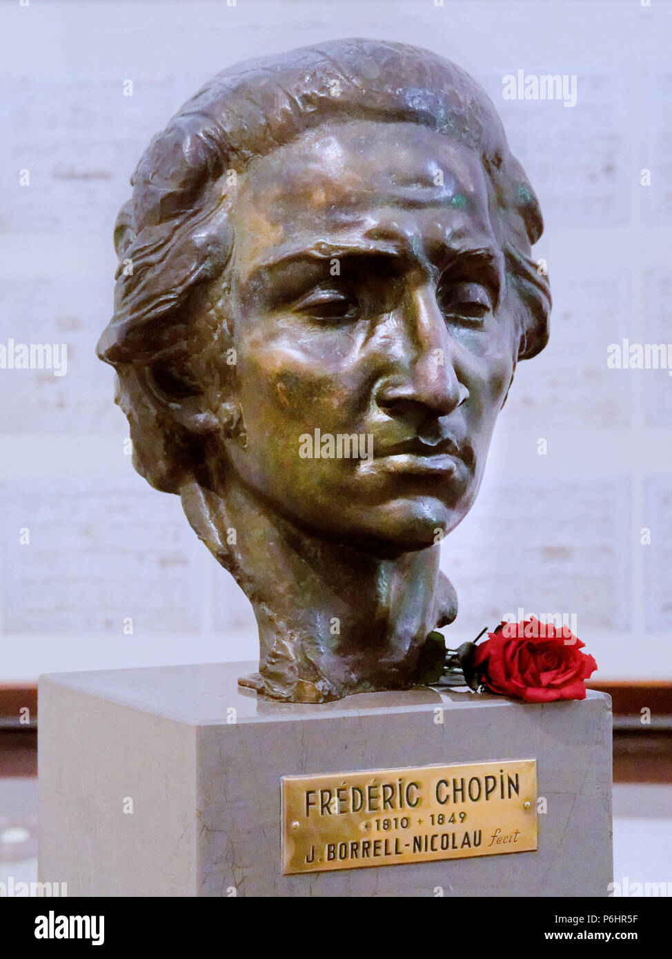 Tête en bronze du compositeur polonais Frédéric Chopin pianiste& par J, Borrell-Nicolau, dans la Celda de musée Chopin à Valldemossa, Espagne. Banque D'Images