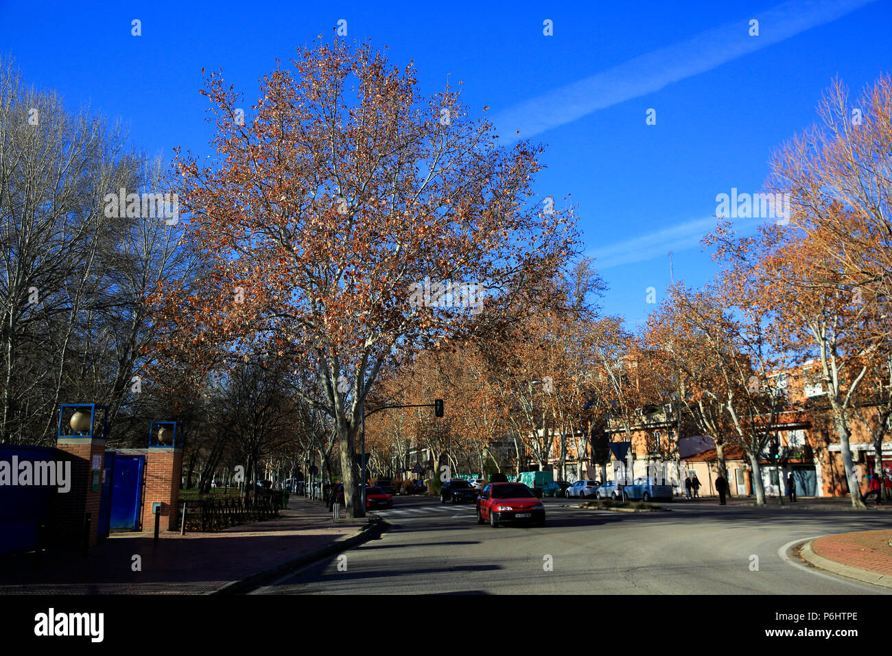 Vue sur la rue d'Alcala de Henares, ville du patrimoine mondial de l'UNESCO près de Madrid. L'Espagne, l'Europe Banque D'Images