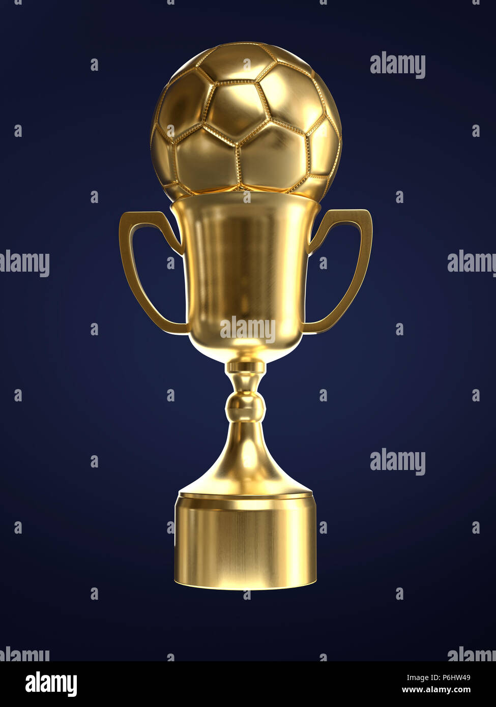 3D render of golden trophy cup avec ballon de soccer sur fond bleu foncé Banque D'Images