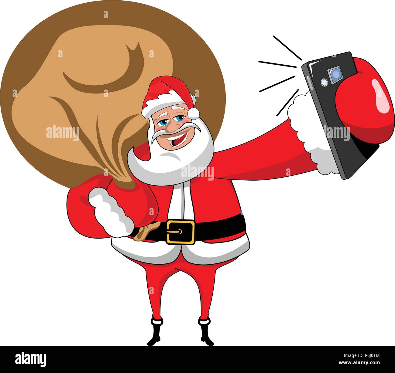 Cartoon santa claus avec grand sac en tenant avec selfies isolés smartphone Illustration de Vecteur