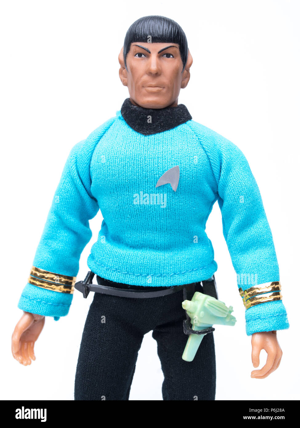 1974 MEGO Star Trek Spock Action Figure avec phaser et Communicator. Banque D'Images