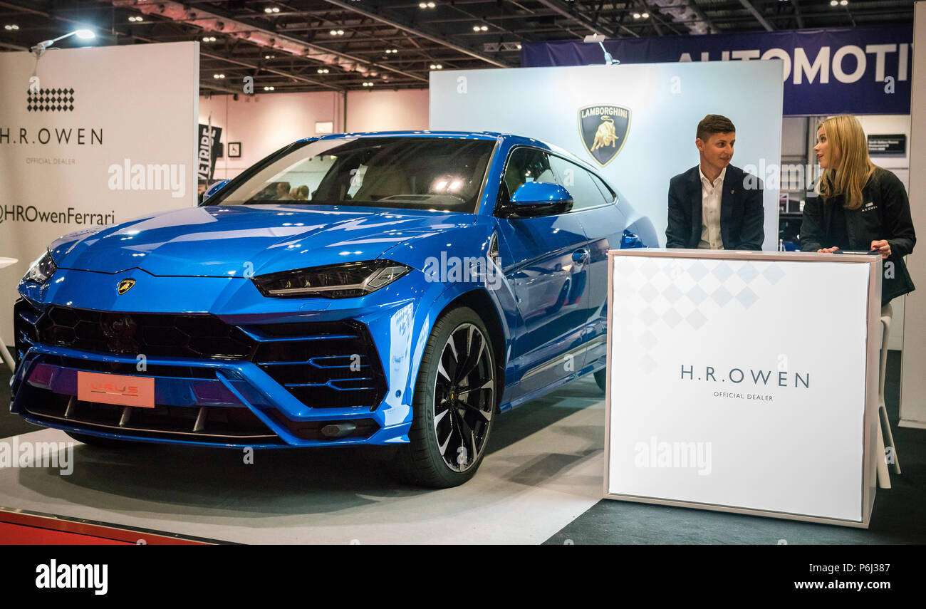 19 mai 2018 - Londres, Grande-Bretagne. Nouvelle sportive, élégante et unique performance SUV Lamborghini Urus représentée à Londres Motor Show par H.R. Owen. Banque D'Images