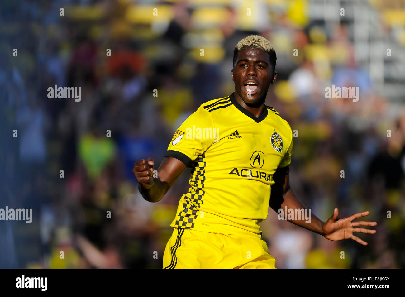 Samedi, 30 juin 2018 : Columbus Crew SC avant Gyasi Zerdes (11) célèbre son penalty dans le match entre le Real Salt Lake et Columbus Crew Stadium, MAPFRE à SC à Columbus OH. Crédit Photo obligatoire : Dorn Byg/Cal Sport Media. Columbus Crew SC 2 - Real Salt Lake 0 Banque D'Images