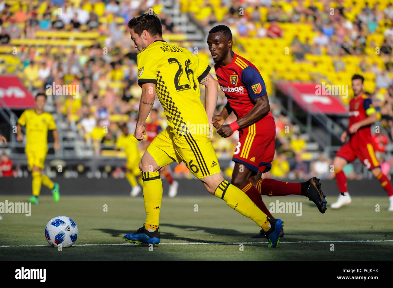 Samedi, 30 juin 2018 : Columbus Crew milieu SC Luis Argudo (26) dans le match entre le Real Salt Lake et Columbus Crew Stadium, MAPFRE à SC à Columbus OH. Crédit Photo obligatoire : Dorn Byg/Cal Sport Media. Columbus Crew SC 2 - Real Salt Lake 0 Banque D'Images