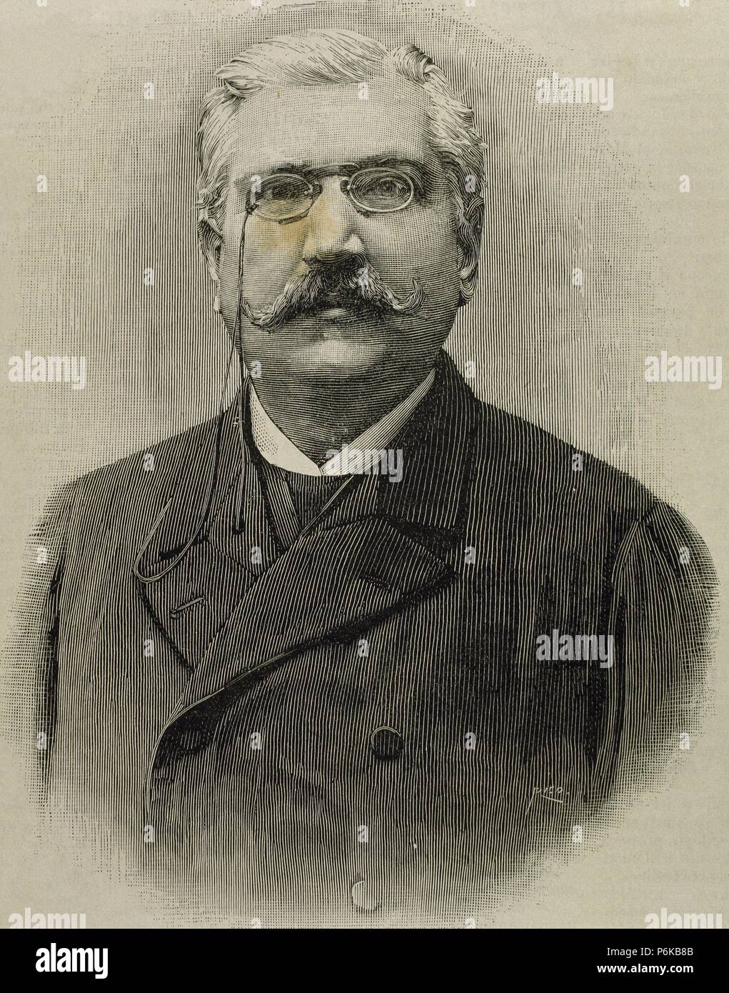 Manuel Pinheiro Chagas (1842-1895). Écrivain et homme politique portugais. Portrait. Gravure par Rico dans 'La Ilustracion Espanola y Americana. Banque D'Images