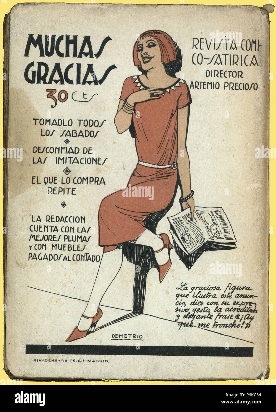 Publicité de la revista satírica Muchas gracias. Dibujo de Demetrio. Año 1924. Banque D'Images