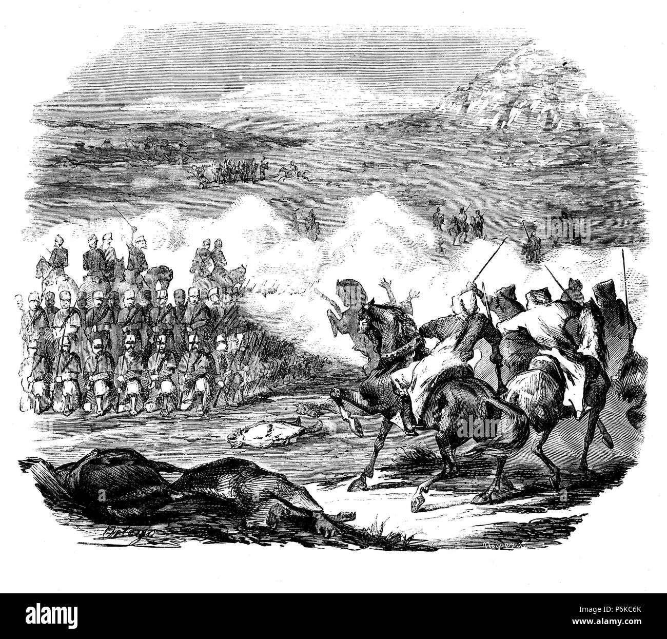 Guerra de África. Batallón de Cantabria formando el cuadro rechaza la caballería mora. Dibujo de Ortego. La gravure de 1860. Banque D'Images