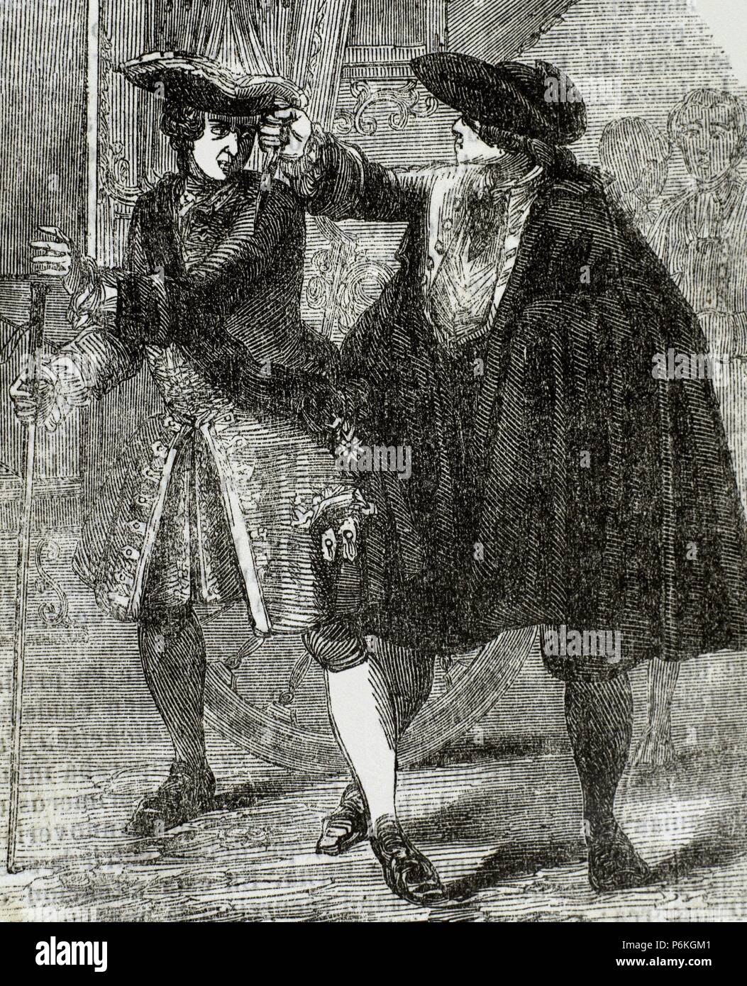 Robert François Damiens (1715-1757). Serviteur domestique français. Tentative d'assassinat du roi Louis XV de France en 1757. Gravure par Dupre. Banque D'Images