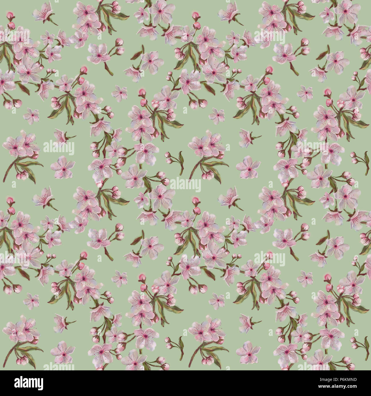 Sakura Blossom couronne ronde Motif sur fond vert. Motif floral romantique sans couture pour la conception, l'impression,Background,Textile. Banque D'Images