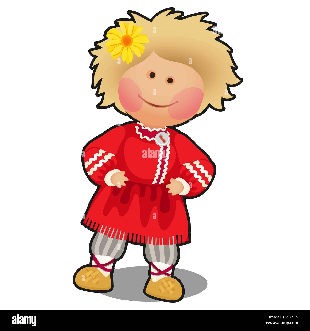 Poupée de chiffon sous la forme d'un petit garçon en vêtements folklorique russe isolé sur fond blanc. Cartoon Vector illustration close-up. Illustration de Vecteur