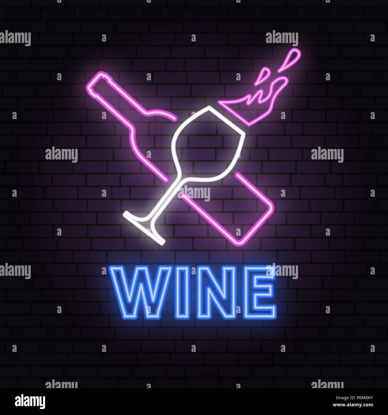 Vin néon rétro signe sur mur arrière-plan. Design néon pour signer ou l'étiquette. Vector illustration. Neon design pour bar, pub ou restaurant. Coaster pour verres à vin Illustration de Vecteur