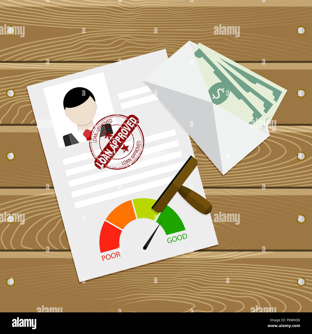 Prêt approuvé le document client. Bon historique de crédit et approuvé stamp. Billet d'argent sur l'enveloppe sur la table en bois. Vector illustration Illustration de Vecteur
