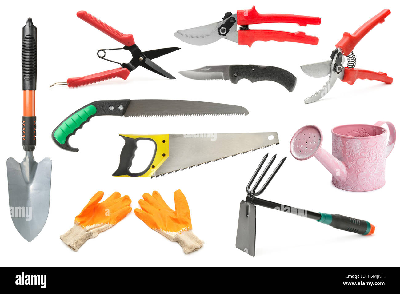 Variété d'outils de jardin isolé sur fond blanc Banque D'Images