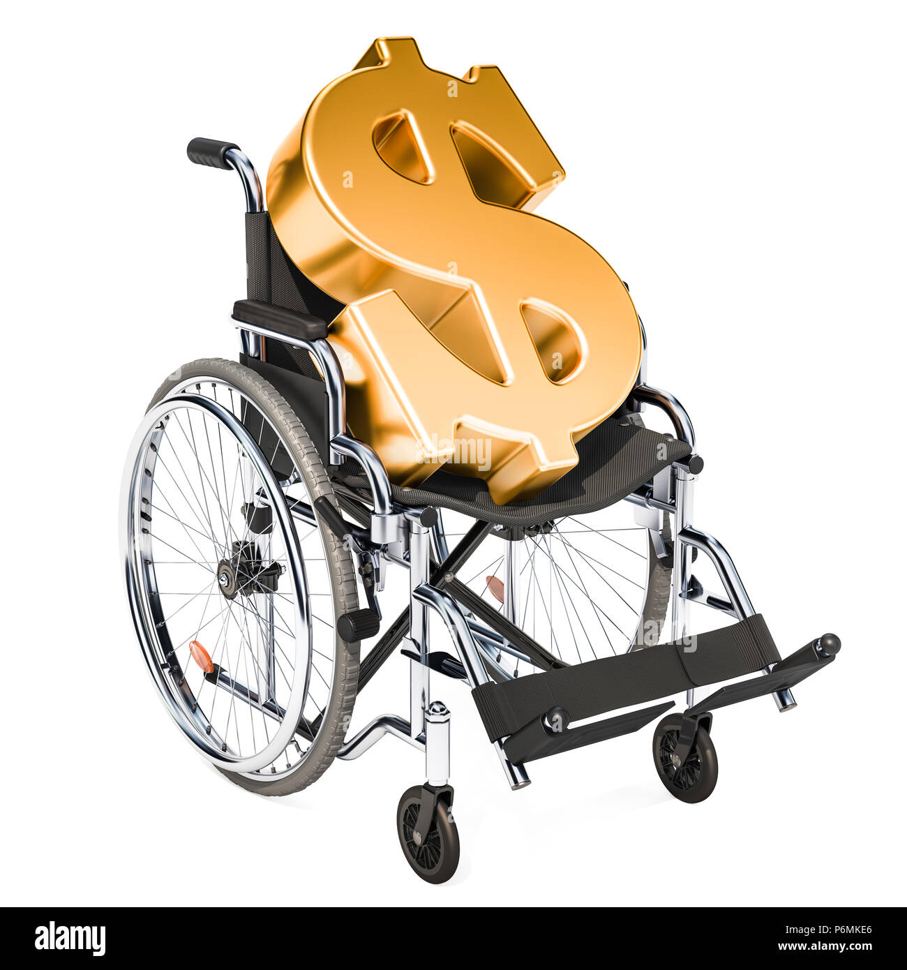 Fauteuil roulant avec symbole du dollar, l'appui financier concept. Le rendu 3D isolé sur fond blanc Banque D'Images