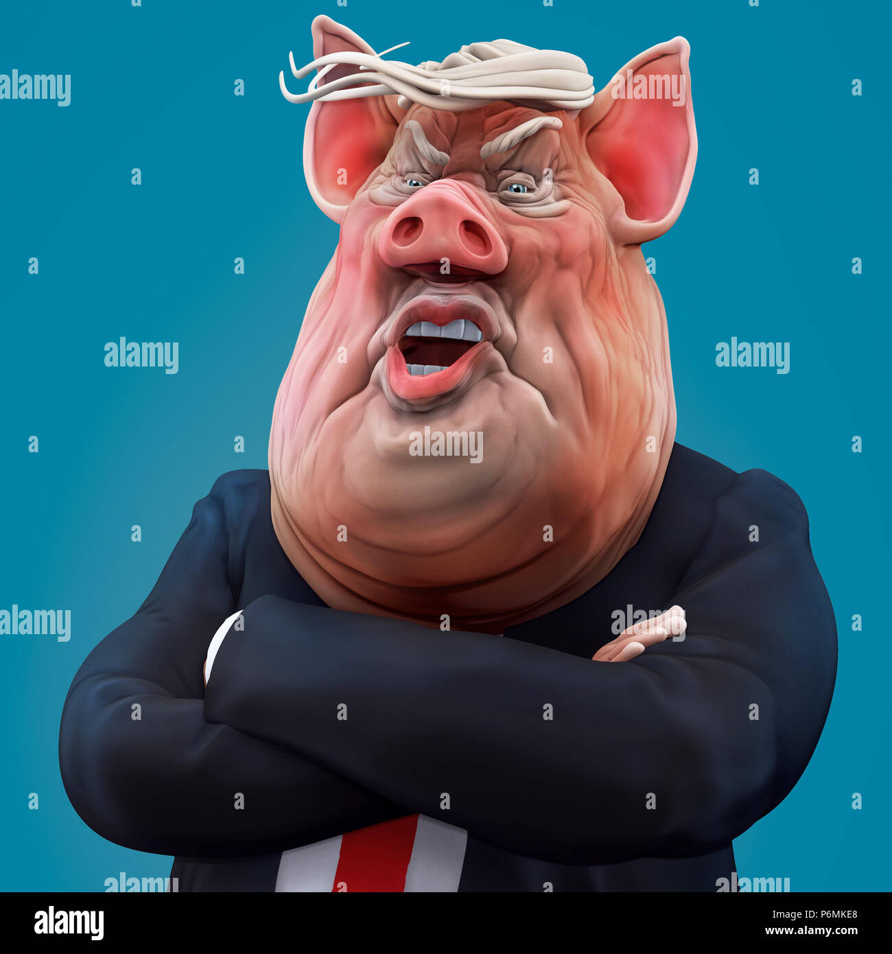 Patron cochon parle avec les bras croisés. La ferme des animaux. 3D illustration Banque D'Images