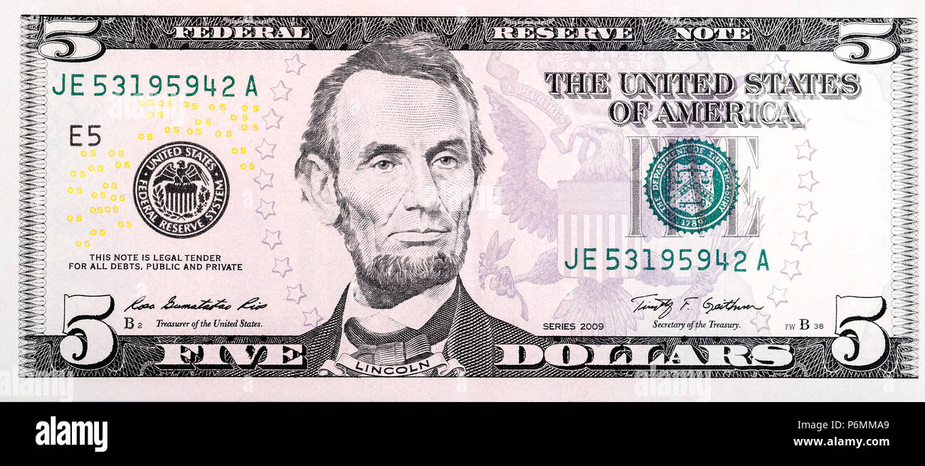 Billet de 5 dollar américain. La photo haute résolution Banque D'Images