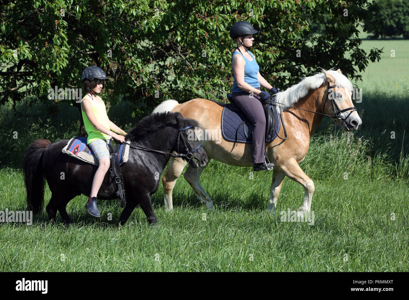 Oberoderwitz, jeunes filles faire un tour sur leurs poneys Banque D'Images