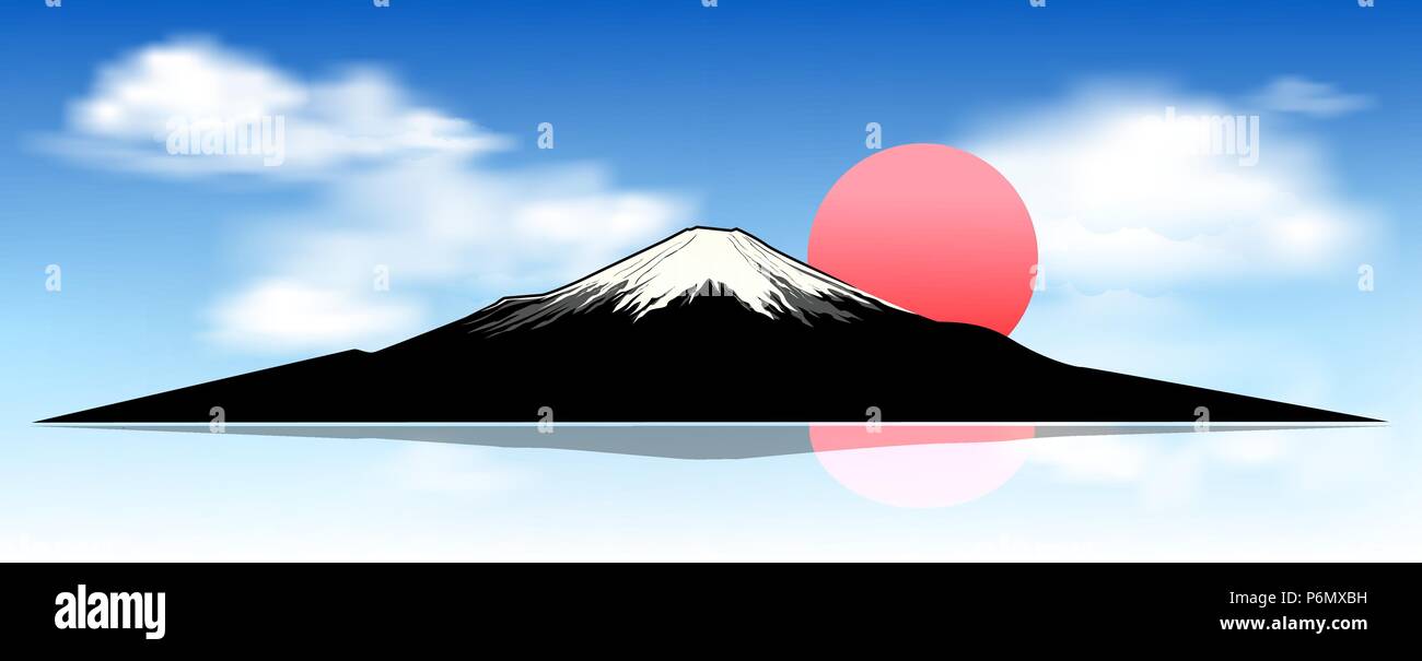 Silhouette du Mont Fuji à l'aube. Paysage, le mont Fuji. Le Mont Fuji contre un ciel bleu et nuages blancs. Illustration de Vecteur