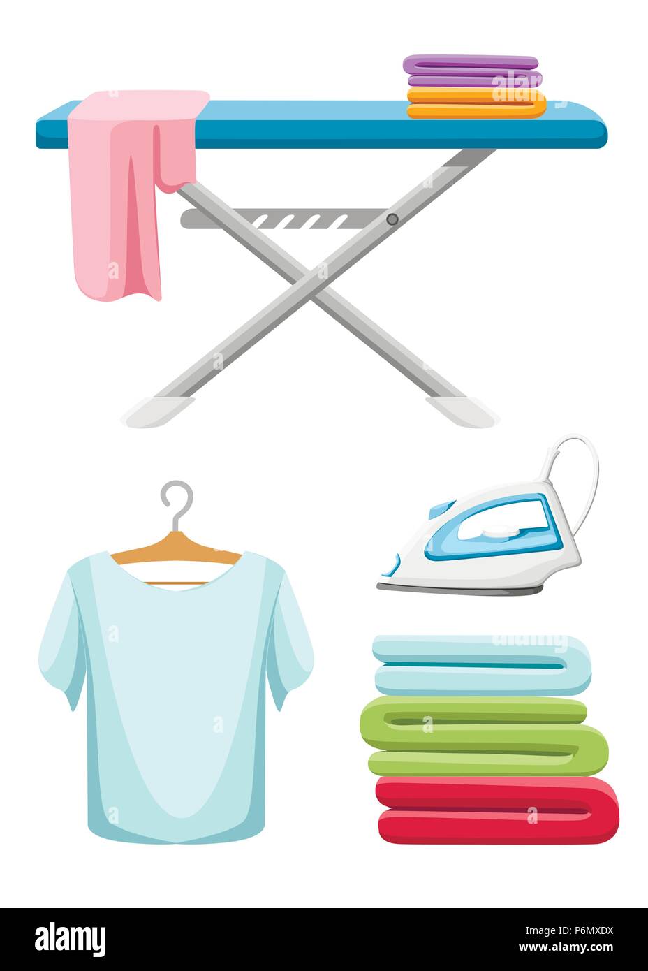 Buanderie icon collection. Blanc Bleu d'une planche à repasser, fer à repasser, pile de serviettes et repassé le t-shirt. Télévision cartoon illustration isolé sur blanc backgroun Illustration de Vecteur