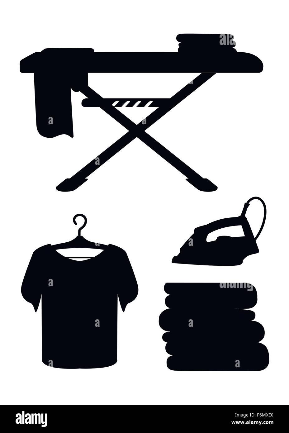 Silhouette noire. Buanderie icon collection. Blanc Bleu d'une planche à repasser, fer à repasser, pile de serviettes et repassé le t-shirt. Télévision cartoon illustration isolé Illustration de Vecteur