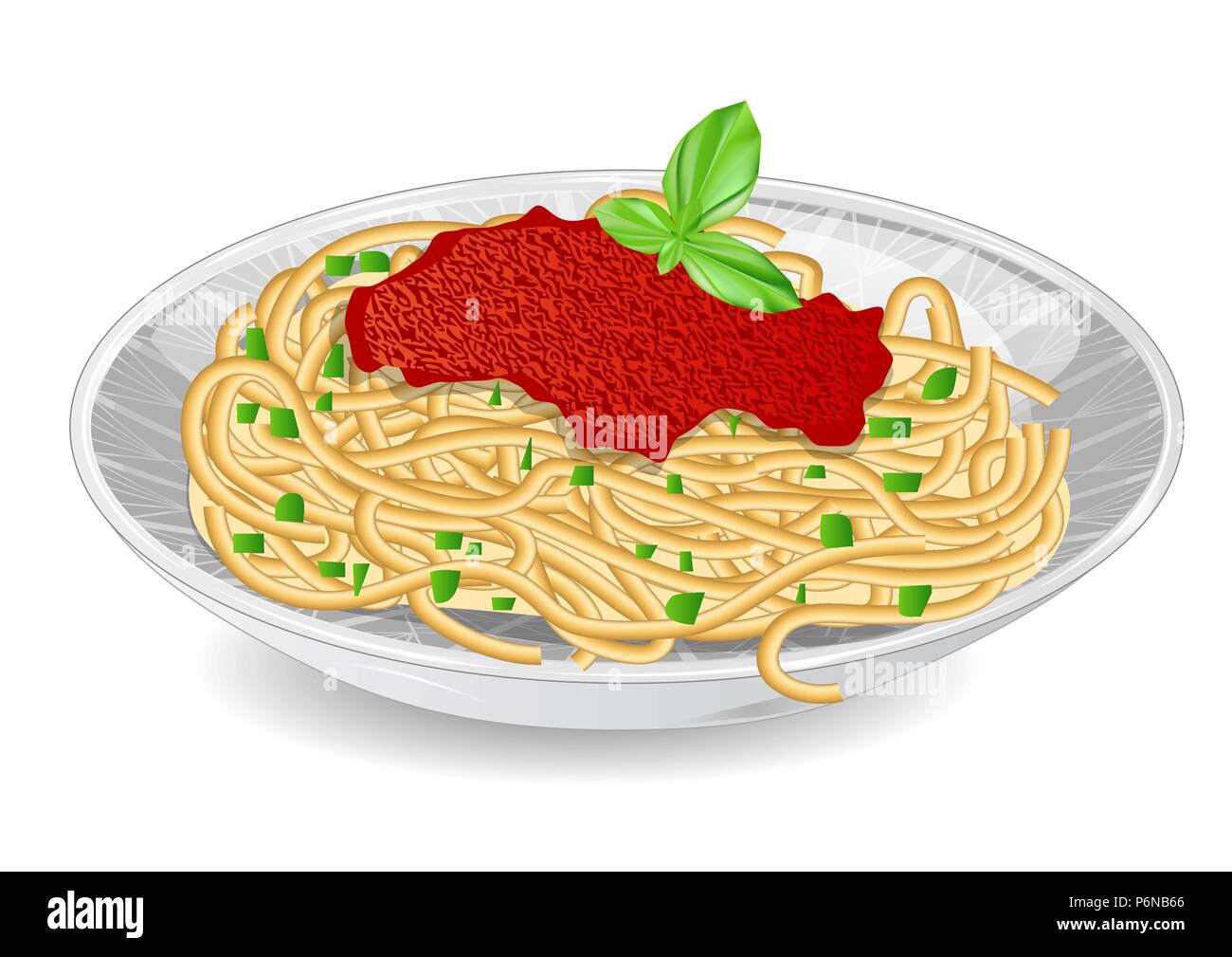 Plaque blanche de spaghetti à la sauce tomate et basilic Illustration de Vecteur