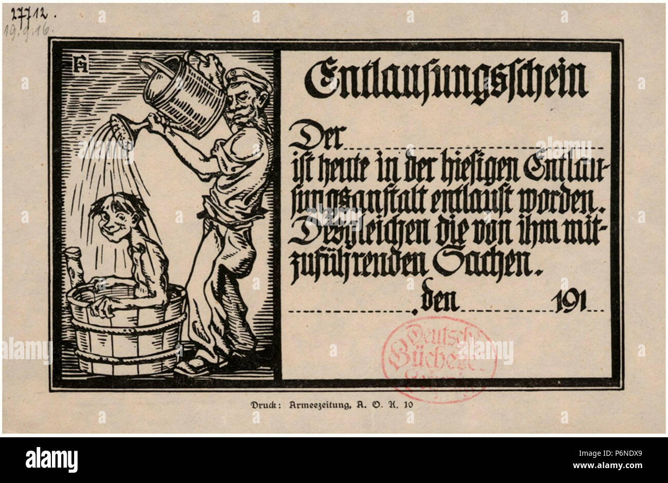 Circa 1916 Hendriok Entlausungsschein, Fred, Druck Armeezeitung A. O. K., 10 Deutsche Bücherei Leibzig, La Deutsche Nationalbibliothek, Sammlung Erster Weltkrieg. Banque D'Images