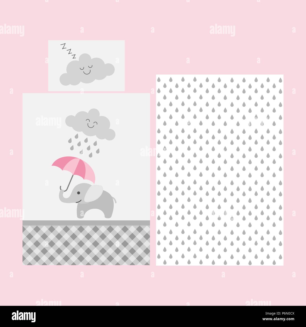 Mignon bébé motif drap - éléphant avec un parapluie rose sous les nuages de pluie Illustration de Vecteur
