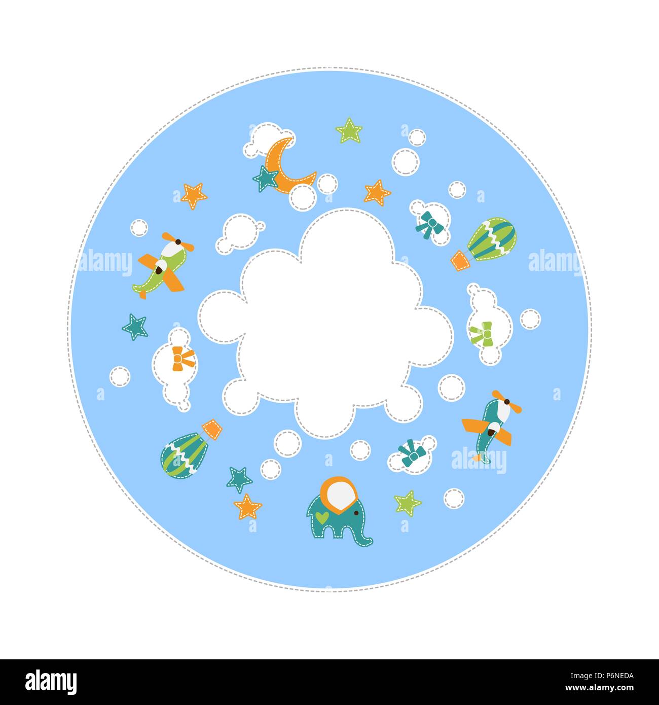 Sa décoration bébé d'un garçon autour du cloud - stars du ballon éléphant avions - texte place Illustration de Vecteur