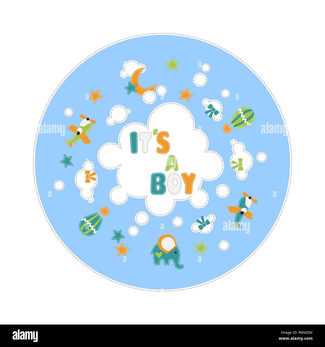 Son bébé garçon une décoration du texte autour de cloud avec des avions stars ballon éléphant Illustration de Vecteur