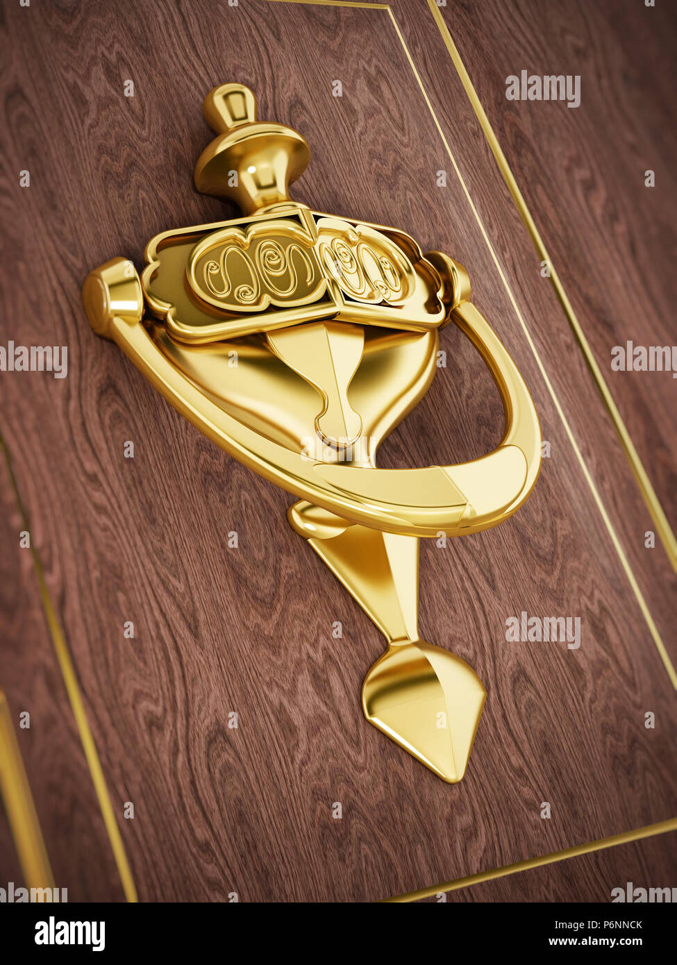 Golden door knocker sur porte en bois. 3D illustration. Banque D'Images