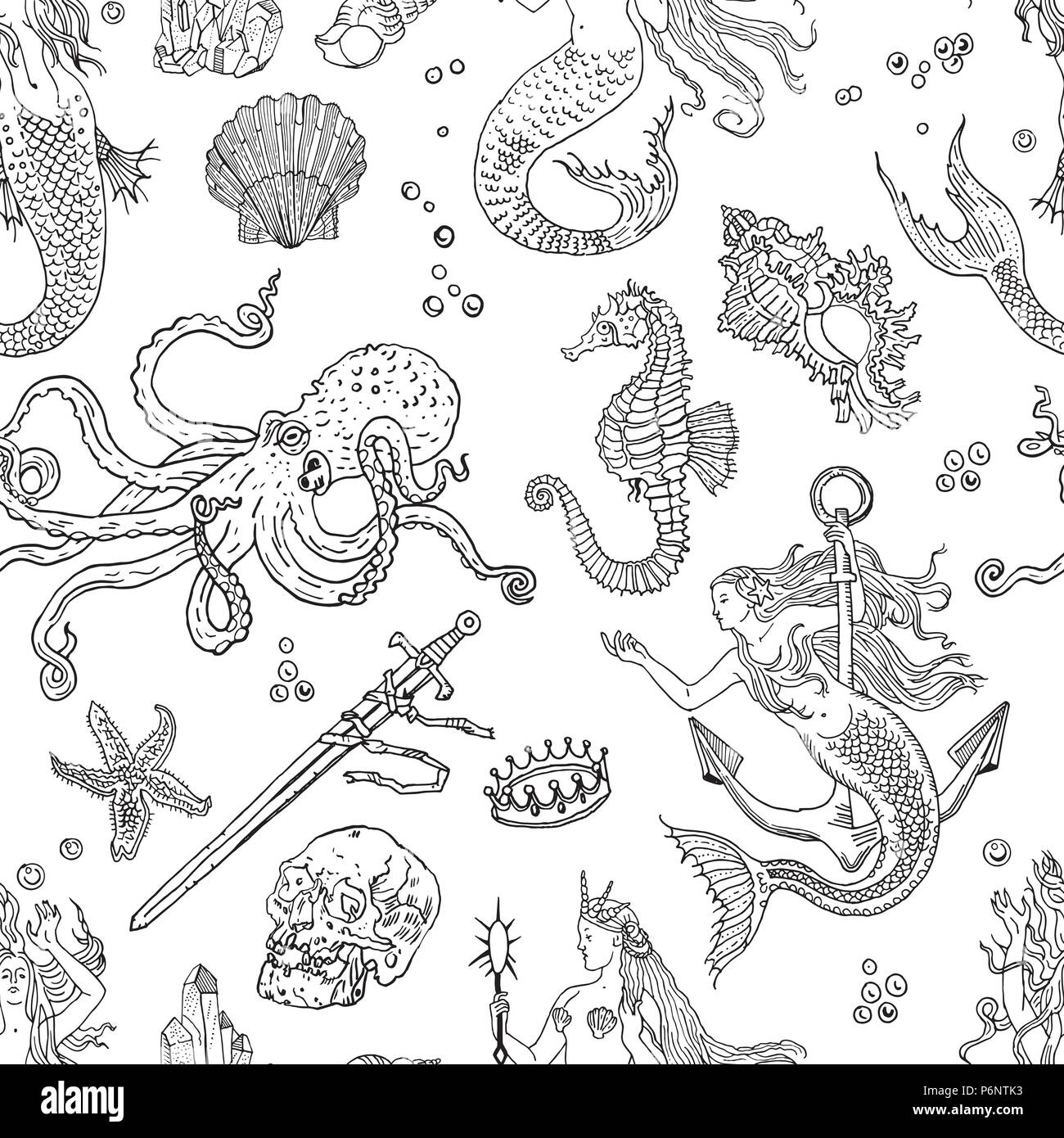 Fantasy Vintage motif transparent nautique : sirène, trésors sous-marins, le poulpe, shell, étoiles, anchor, noyé épée, couronne, crâne, cristal, cheval de mer. Retro style tatouage illustration dessiné à la main. Illustration de Vecteur