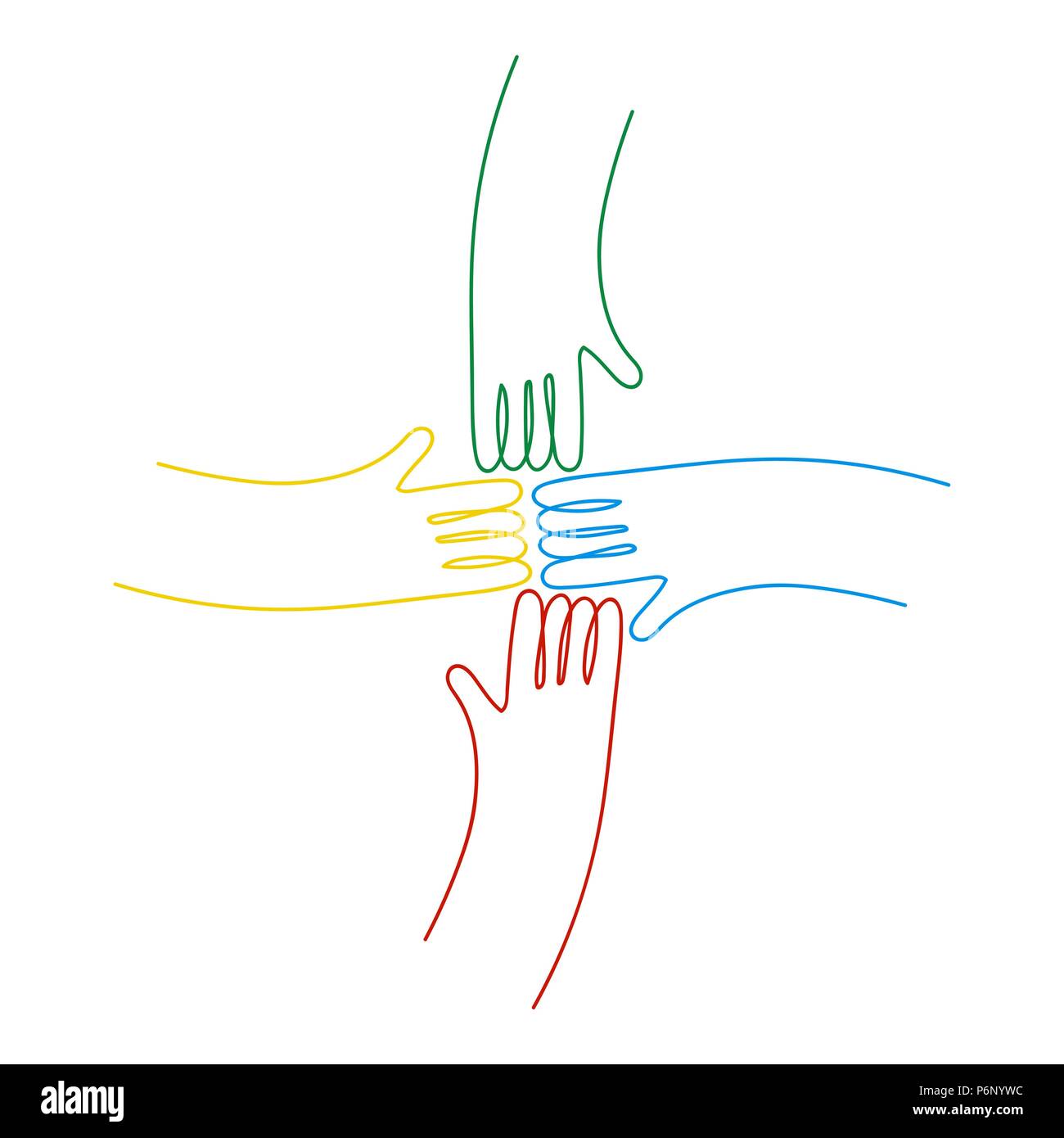 La main de l'ensemble en contours colorés isolé sur fond blanc de style. L'équipe communautaire concept illustration pour la culture de la diversité ou d'équipe projet. Spe Illustration de Vecteur