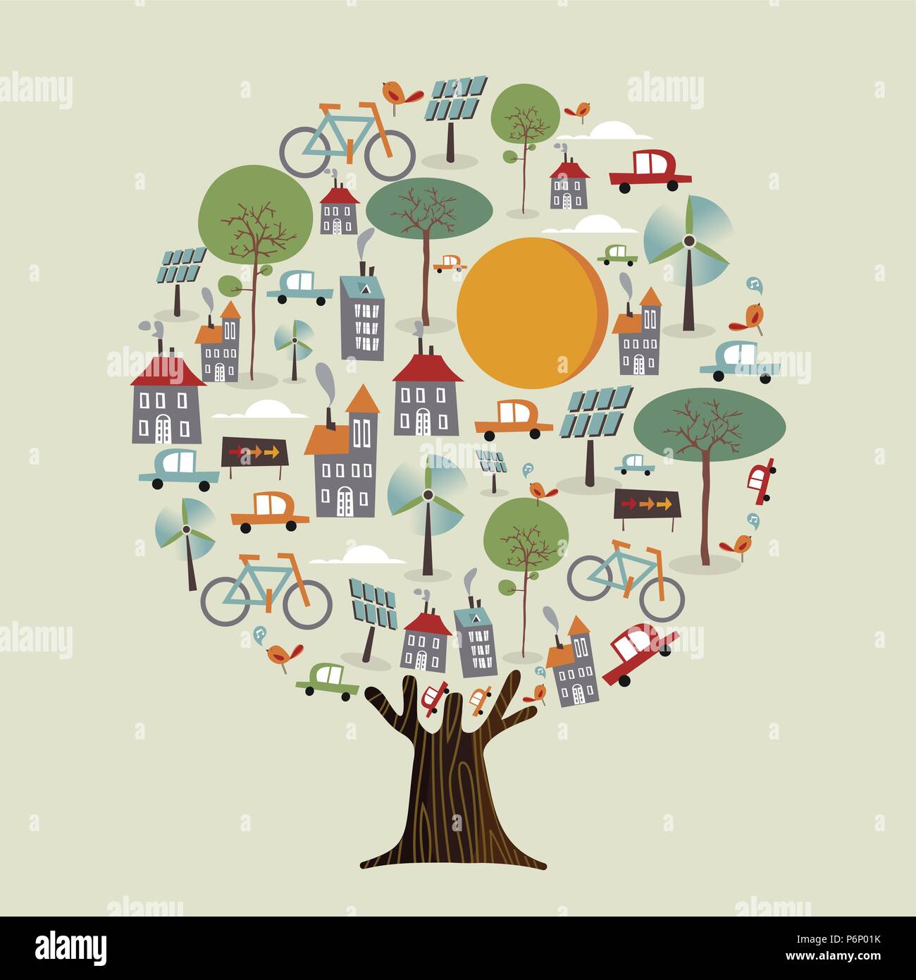 Arbre avec green planet earth, ville durable. Concept de soins à l'environnement comprend des voitures électriques, éolienne, l'éolienne et des panneaux solaires pour vélos natu Illustration de Vecteur