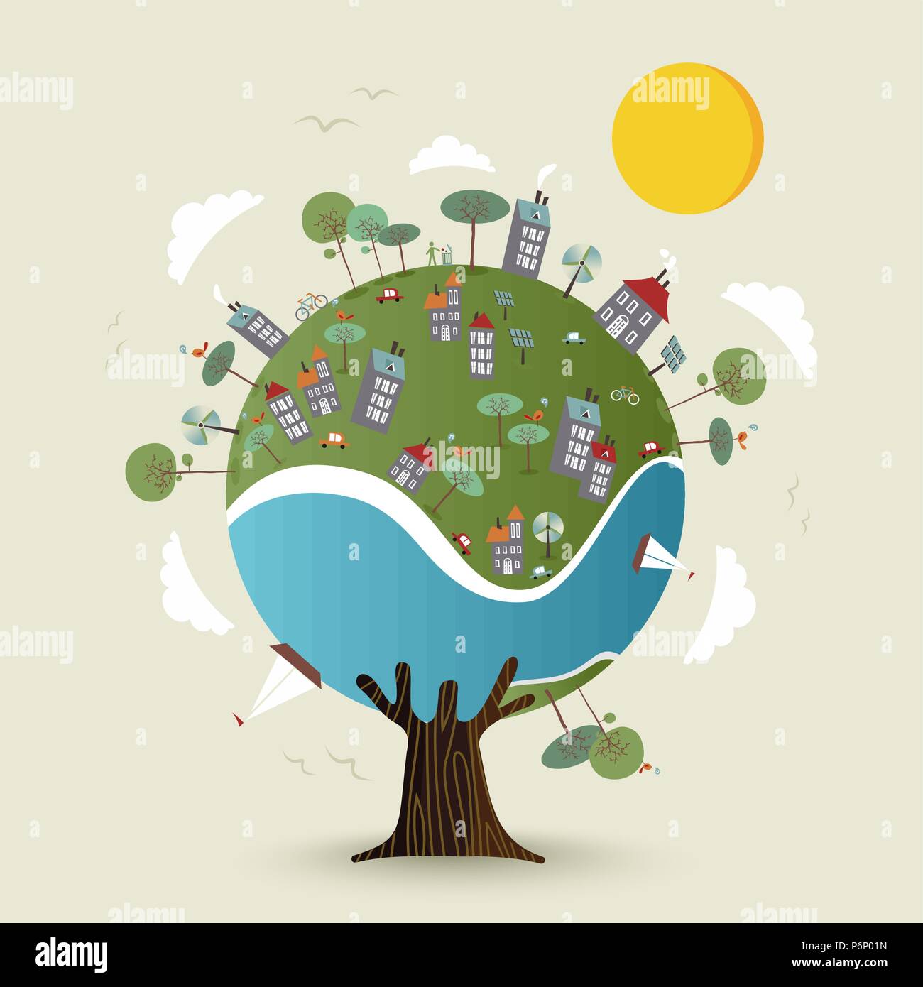 Arbre avec green planet earth, ville durable. Concept de soins à l'environnement comprend des voitures électriques, éolienne, l'éolienne et des panneaux solaires pour vélos natu Illustration de Vecteur
